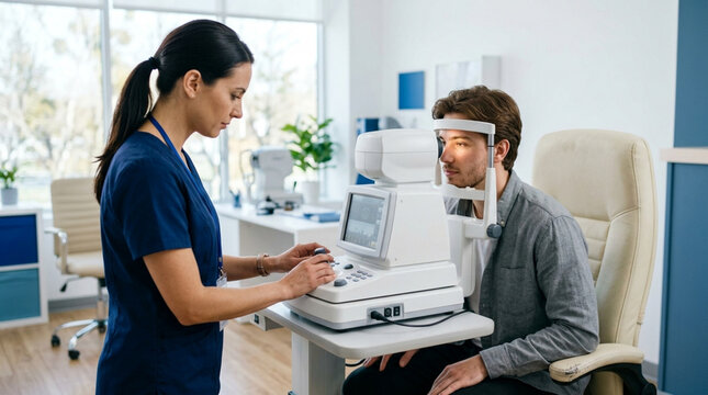 Optometrist examines patient's eyes with autorefractor machine in clinic