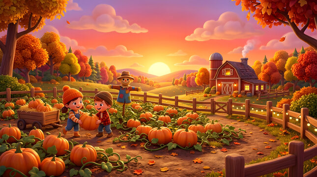 Cute children holding a pumpkin in a patch at sunset. Autumn farm landscape with scarecrow and red barn. Fall harvest 3D illustration