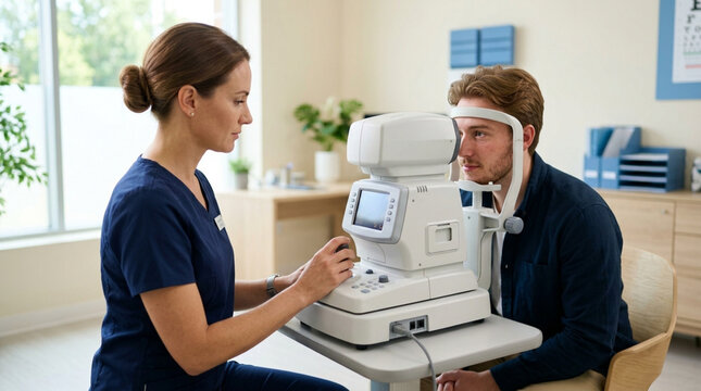Optometrist examining patient's eye with autorefractor machine