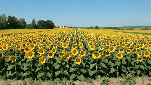 Spectacular high-resolution 4K drone footage sweeping across an endless agricultural field filled with vibrant golden sunflowers in peak bloom meticulously arranged in geometric rural rows under a