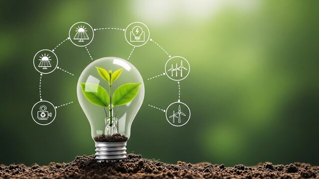 Sustainable energy concept with green plant in light bulb