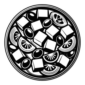 Assorted olives and cheese cubes presented in a circular silhouette