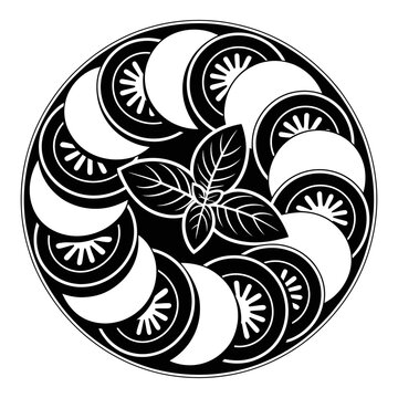 Citrus slices and basil leaves form a circular black silhouette