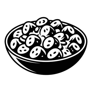 A black and white silhouette of olives in a bowl