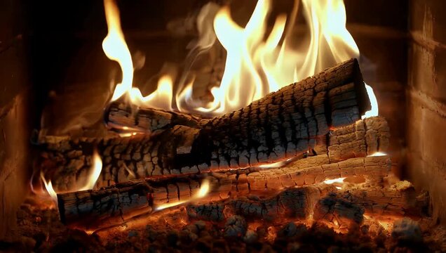 Mystical 4K close-up video capturing intricate glowing wood embers and burning charcoal textures creating a warm spellbinding atmosphere suitable for campfire scenes fireplace visuals and