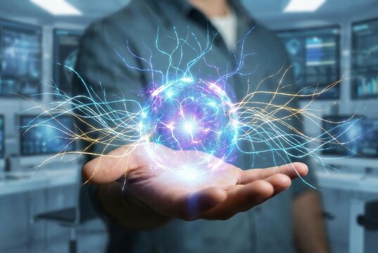 Open hand holding glowing digital plasma energy sphere in high tech lab