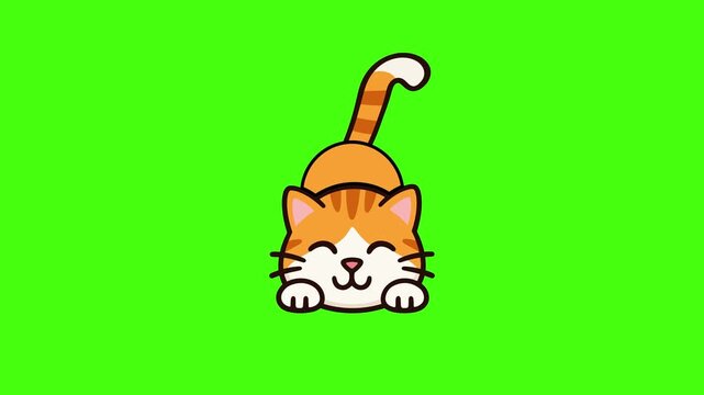 Cute cartoon orange tabby cat smiling and playing on a green screen. Great for pet care, animal themes, veterinary, and funny feline content.