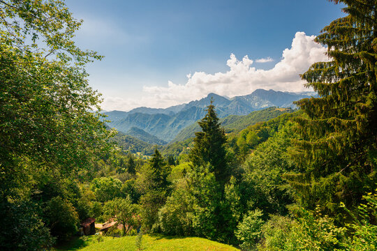 Scenic view of the mountains west of Lake Garda, as seen from the San Rocco mountain pass.