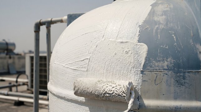 Applying white reflective elastomeric coating to a rooftop water storage tank with a paint roller for heatproofing and waterproofing
