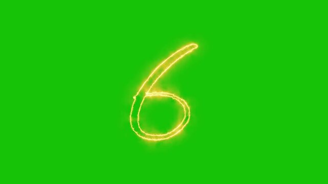 Glowing yellow gold Number 6 Animation | Neon Alphabet Typography Motion Graphic. neon text 6 number countdown icon alpha channel