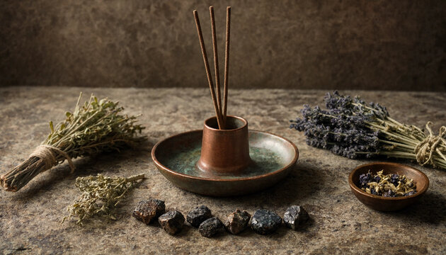 Aged copper halloween incense burner display with dried lavender herbs and mystical smudge stick for cozy autumn aesthetic photo clr colour background