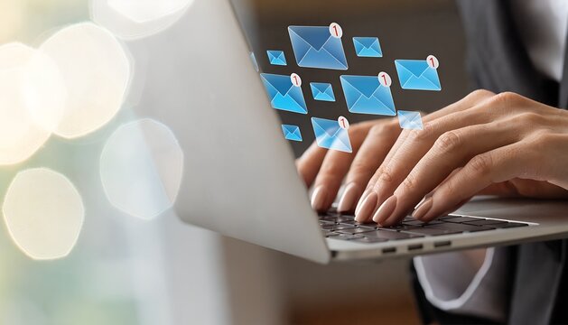 Female hands typing on laptop with holographic email envelopes floating, digital marketing communication concept with bright bokeh empty copy space background