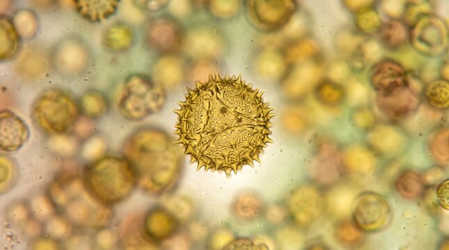 Microscopic pollen cluster with golden spherical particles under high magnification in scientific research setting