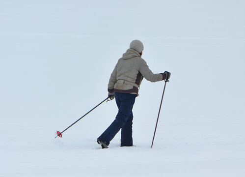 Cross country skier in warm winter clothing using poles while moving across an open snowy field beneath a pale overcast sky, rear view outdoor winter scene