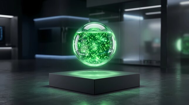 Levitating glass sphere containing glowing green bioluminescent microalgae liquid on pedestal