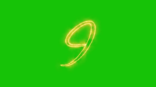 Glowing yellow gold Number 9 Animation | Neon Alphabet Typography Motion Graphic. neon text 9 number countdown icon alpha channel