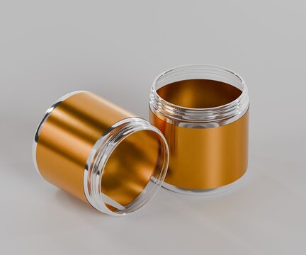 3d tub container mockups with gold labels, on white background