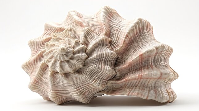 Spiral seashell with textured ridges on white background, elegant marine conch shell, natural sea mollusk shell for coastal decor and spa branding