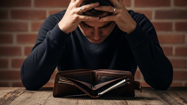 Man struggling with financial issues and empty wallet
