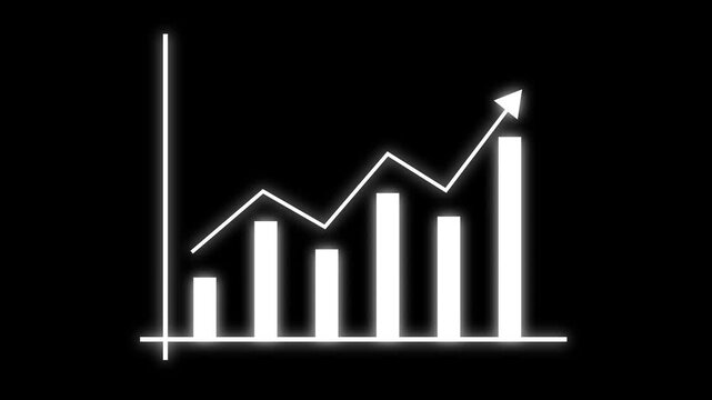 Growth chart animation rises with an upward arrow on dark space. Corporate business revenue metrics update on the growth chart. Profitable economic market data drives this chart.