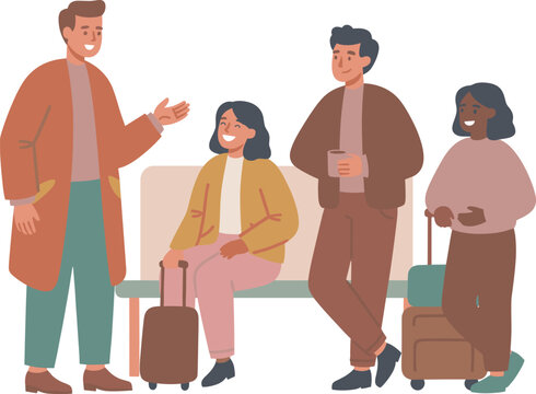 People Waiting with Suitcases Talking on Bench Illustration