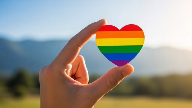 Holding a rainbow heart in hand against a blurred nature background