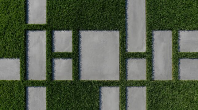 Top down minimalist garden path pattern with rectangular concrete pavers and green grass