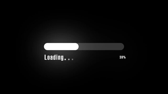 Loading progress bar animation updates steadily on black space. System software buffering status tracks on loading progress bar. Digital user interface waiting runs along the progress bar.