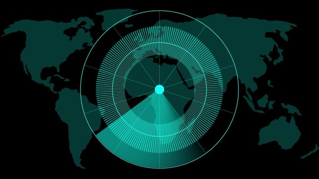 Radar scanning animation sweeps past an international map on dark. Surveillance target coordinates route on radar scanning. Planetary satellite telemetry monitors with radar scanning.