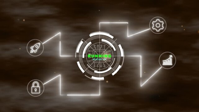 Futuristic technology interface with running status and white glowing HUD circle