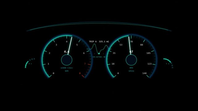 Digital car dashboard interface with speedometer and tachometer gauges in motion