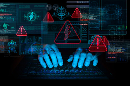 Digital attack on energy networks: hands on keyboard, power grid icons, system alerts and code overlays &mdash; electricity infrastructure breach, disruption and incident response concept.