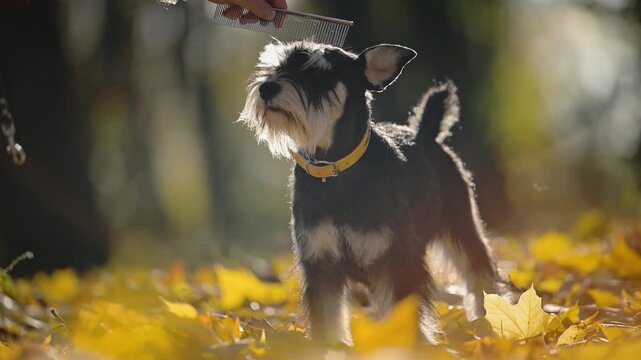 Person gently combs a Miniature Schnauzer's beard outdoors, showing routine pet grooming and coat care in autumn.