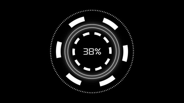Circular progress indicator animation displays 36 percent on dark. System software buffering tracks on circular progress indicator. Digital user interface waiting runs through the indicator.
