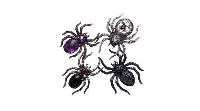 Group of spooky halloween spiders isolated on transparent background