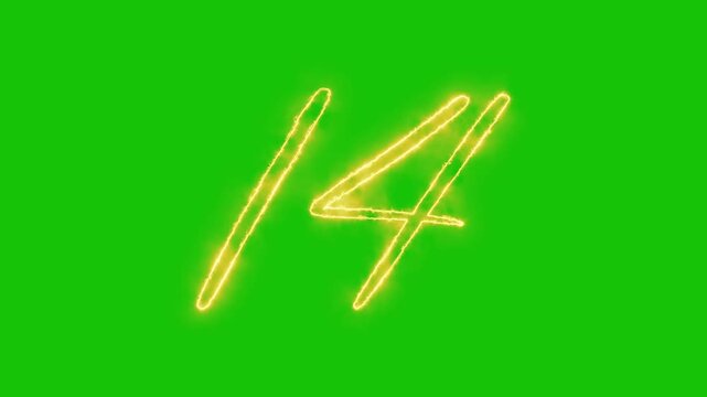Glowing yellow gold Number 14 Animation | Neon Alphabet Typography Motion Graphic. neon text 14 number countdown icon alpha channel