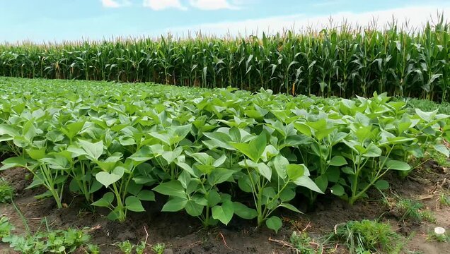 4K aerial footage of cultivated green soybean plants with blue sky and scattered clouds with a cornfield in the distance emphasizing modern agriculture crop health and professional farming landscapes
