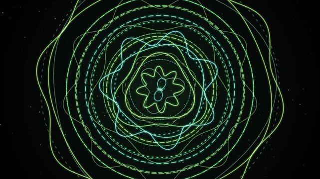 Abstract procedural meditative audio rings glowing soundwave frequency circular mandala pattern on black background