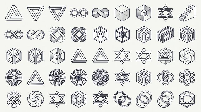 Collection of geometric abstract symbols and optical illusion icons featuring impossible shapes, infinity loops, cubes, triangles, and modern vector line art on a clean background.