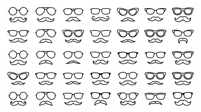 Minimalist eyeglasses and mustache icon collection in clean line art, featuring varied frame styles and facial hair designs, ideal for branding, avatars, and barber shop graphics.