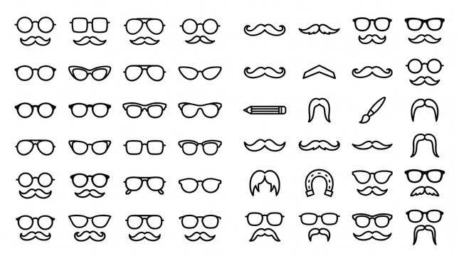 Minimalist eyeglasses and mustache icon collection in clean line art, featuring varied frame styles and facial hair designs, ideal for branding, avatars, and barber shop graphics.