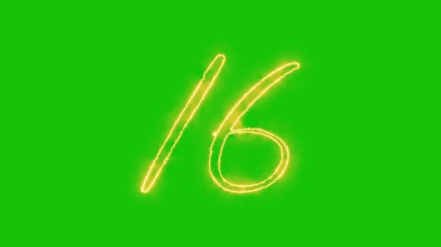 Glowing yellow gold Number 16 Animation | Neon Alphabet Typography Motion Graphic. neon text 16 number countdown icon alpha channel