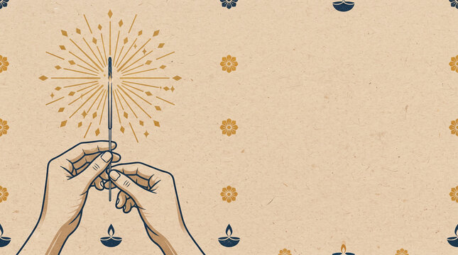 Woodblock print of hands waving sparkler emitting geometric golden sparks