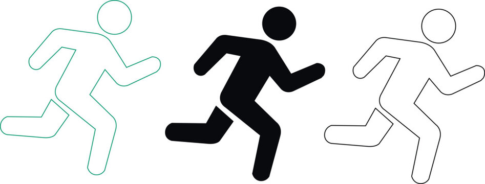 Running stick figures vector icon set showcasing motion and speed in outline and solid styles