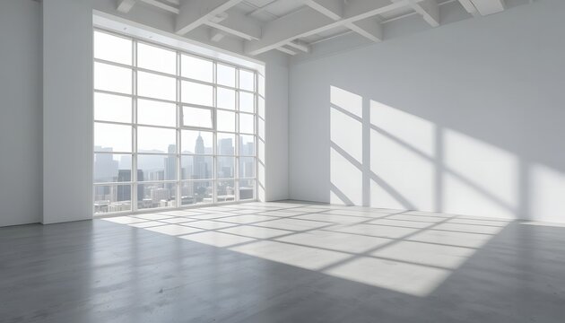 empty white studio room with large window and sunlight shadows