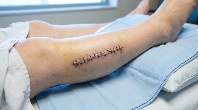 Surgical Sutures On Human Leg After Procedure Recuperation