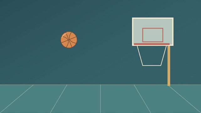 Ballon de basket rebondissant vers un panier sur un terrain g&eacute;om&eacute;trique