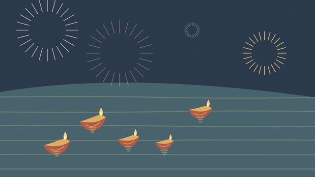 Feux d&rsquo;artifice au-dessus d&rsquo;une rivi&egrave;re avec lampes &agrave; huile flottantes