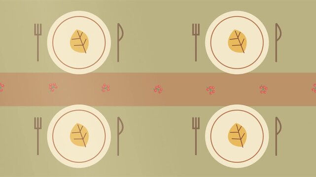 Table festive de Friendsgiving avec assiettes, couverts et feuillage d&rsquo;automne
