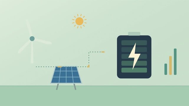Panneaux solaires et &eacute;oliennes envoyant de l&rsquo;&eacute;nergie vers un stockage par batterie